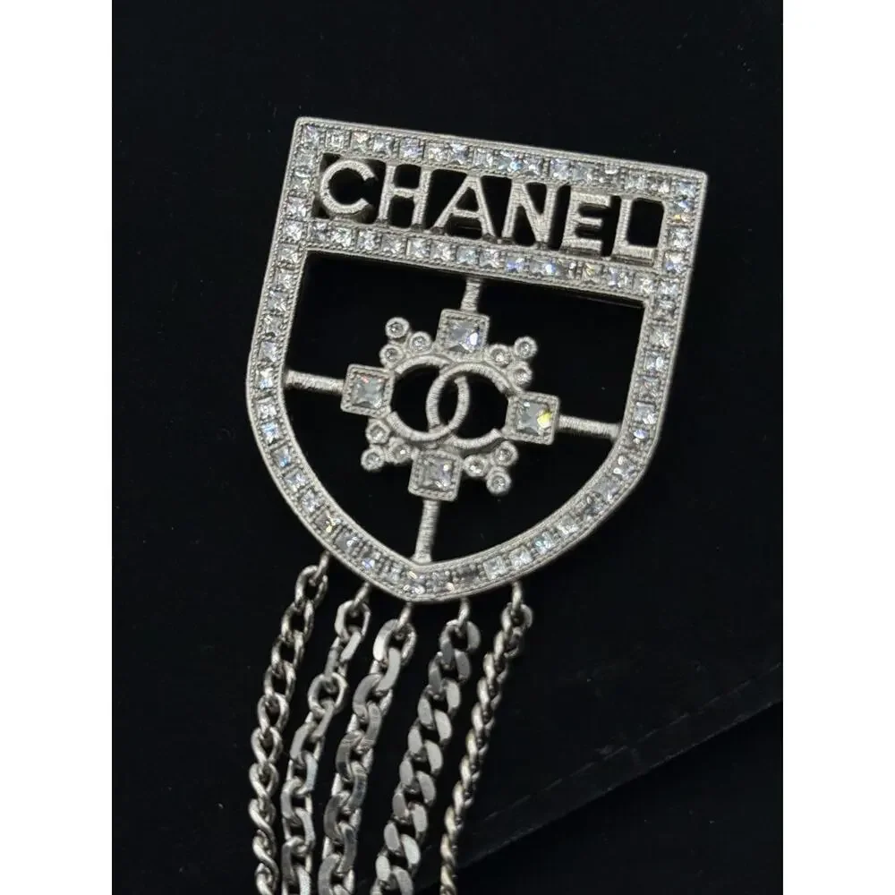 Chanel Baguette Crystal CC Shield Multi-Strand Long Chain Brooch Silver